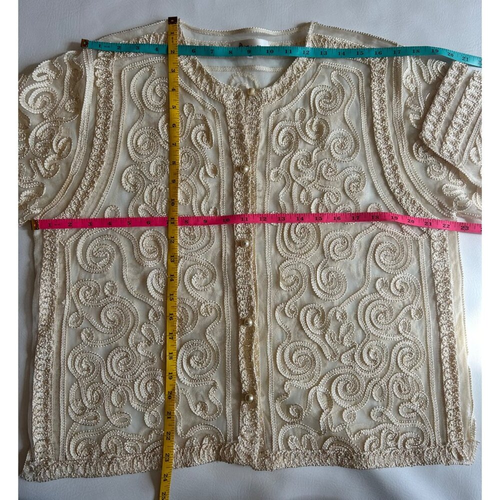 Vintage Womens XL Cardigan Ivory Embroidered Ornate Detailing Button-up Sheer - Picture 11 of 11